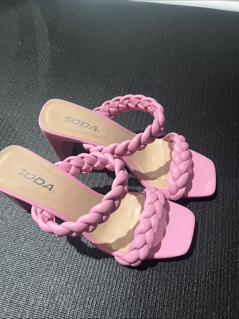 Soda Pink Braided Double-Strap Block Heel Sandals